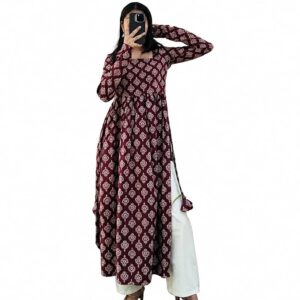 Women's Cotton Nayra Cut Kurti for Women | Full Sleeves Printed Long Kurta